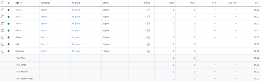 Google Ads 界面“年龄”屏幕