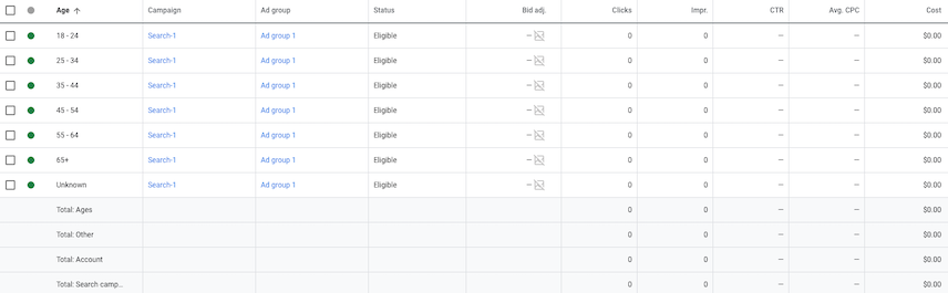 Écran de l&#39;âge dans l&#39;UI Google Ads