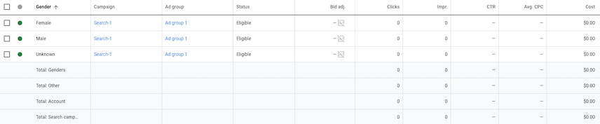 Écran &quot;Genre&quot; de l&#39;UI Google Ads