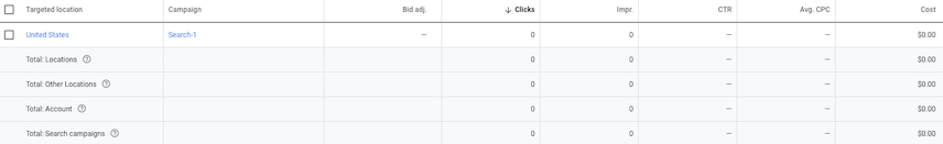 Écran &quot;Emplacements&quot; de l&#39;UI Google Ads