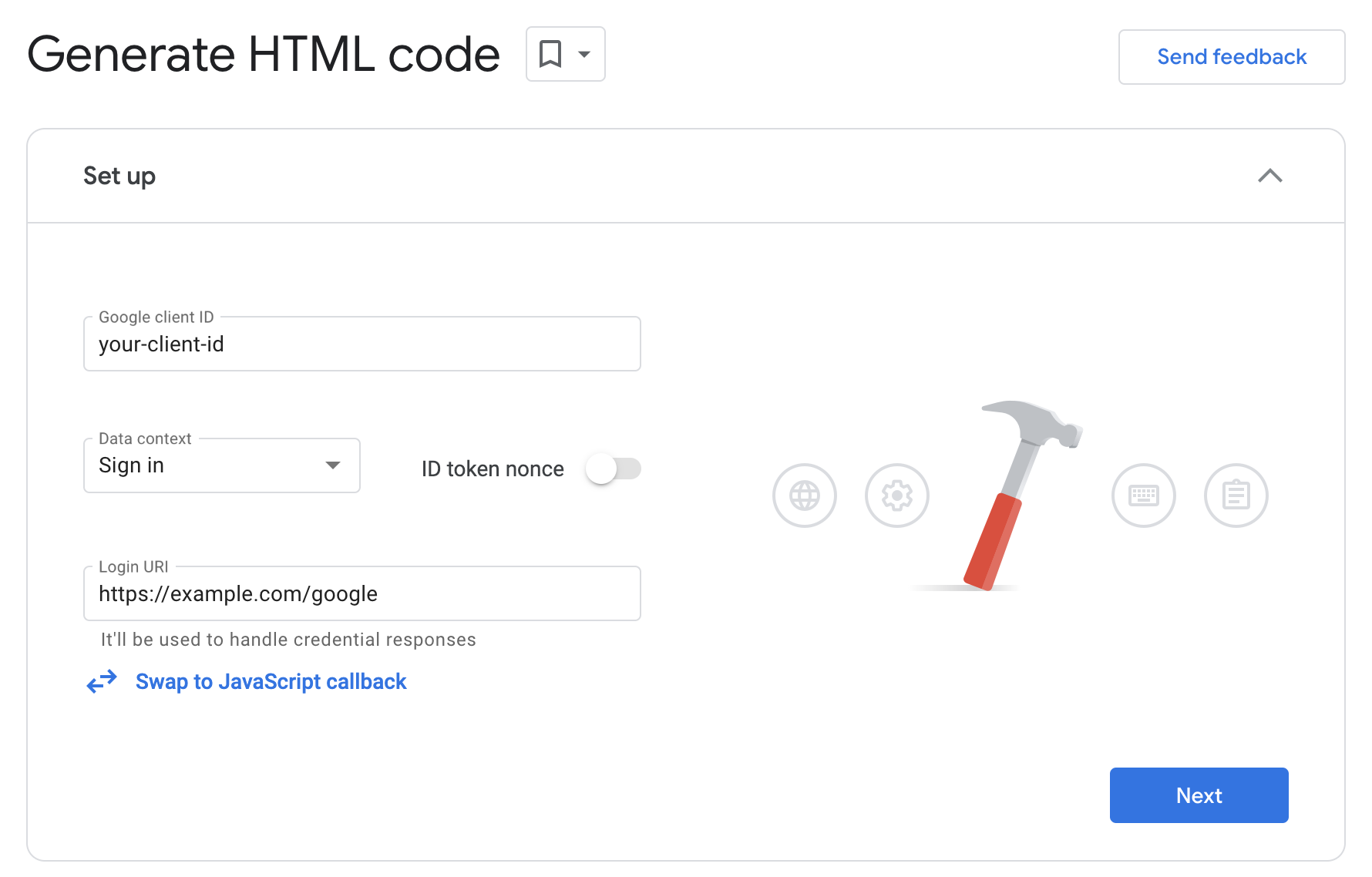 Paso 1 del generador de código: Configuración