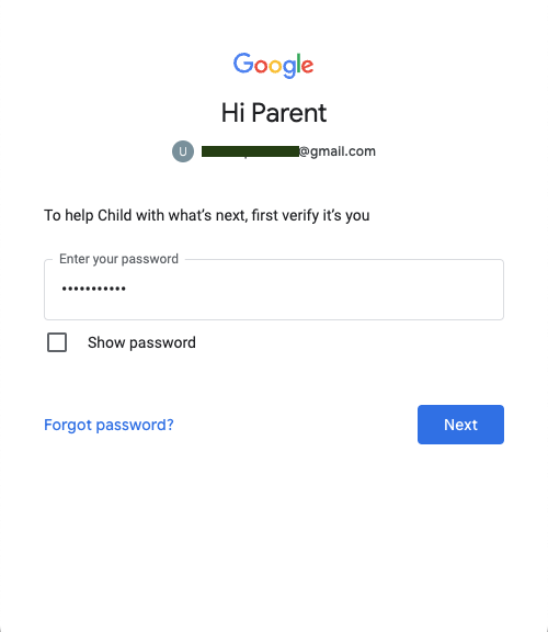 Password for the parent Google Account to approve sign in page