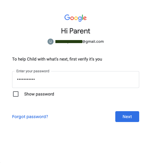 Password for the parent Google Account to approve sign in page