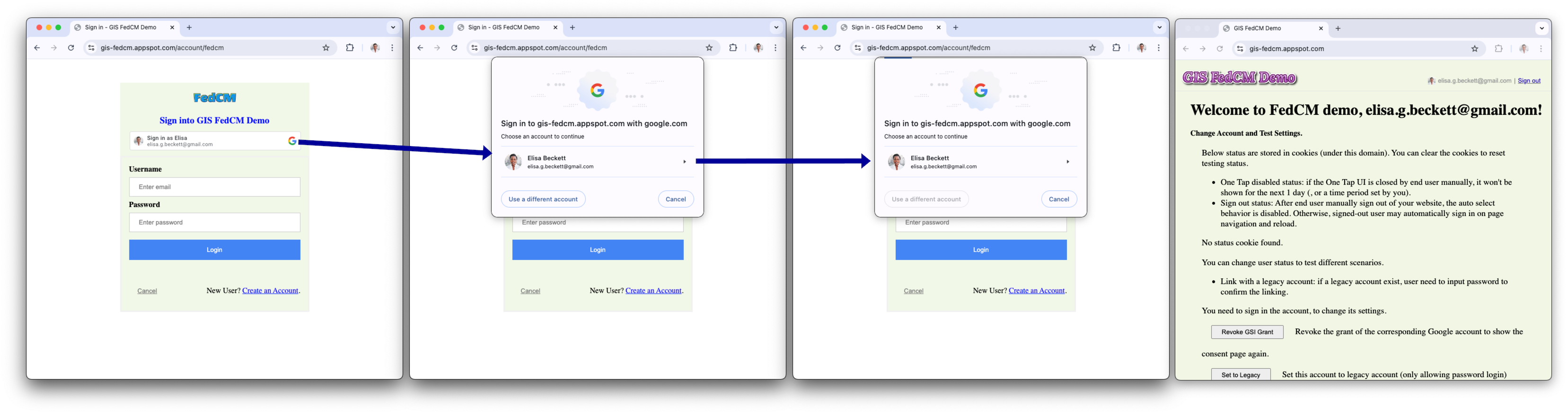 Avec FedCM activé : parcours utilisateur avec Has-Google-session