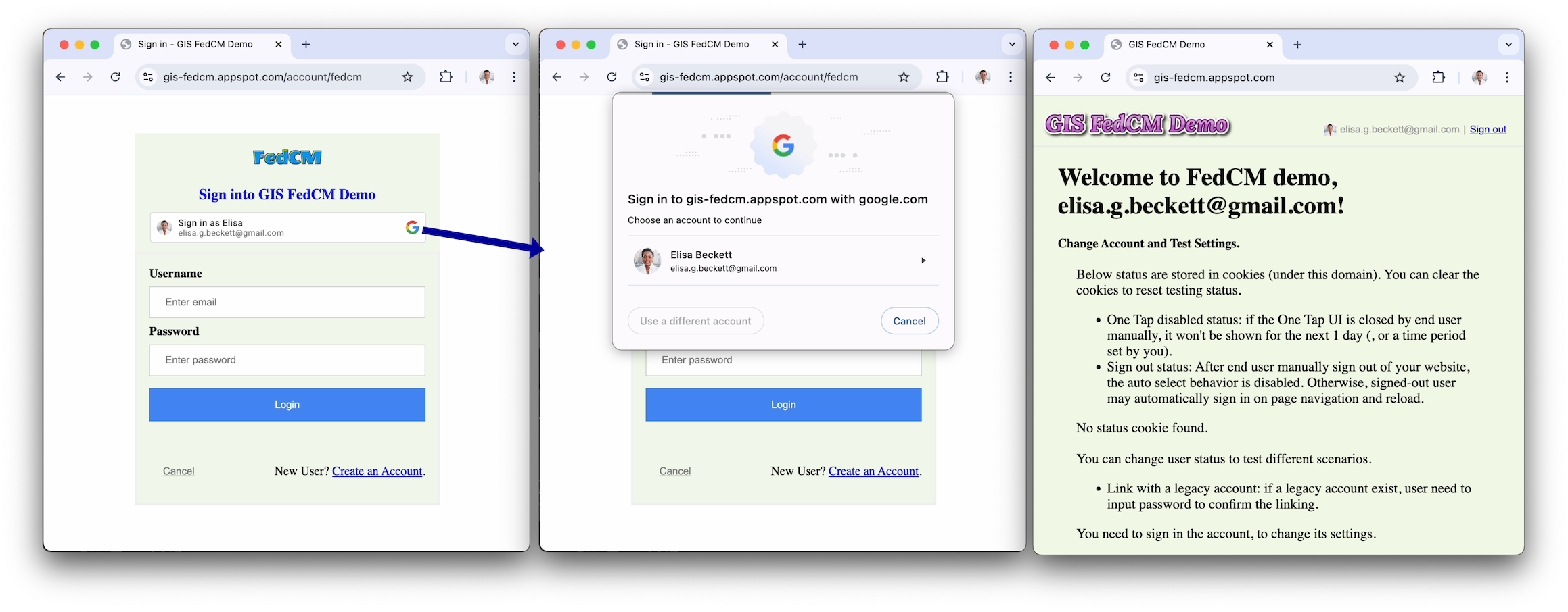 Com o FedCM e o login automático ativado: a sessão do Google com o login automático retorna a jornada do usuário