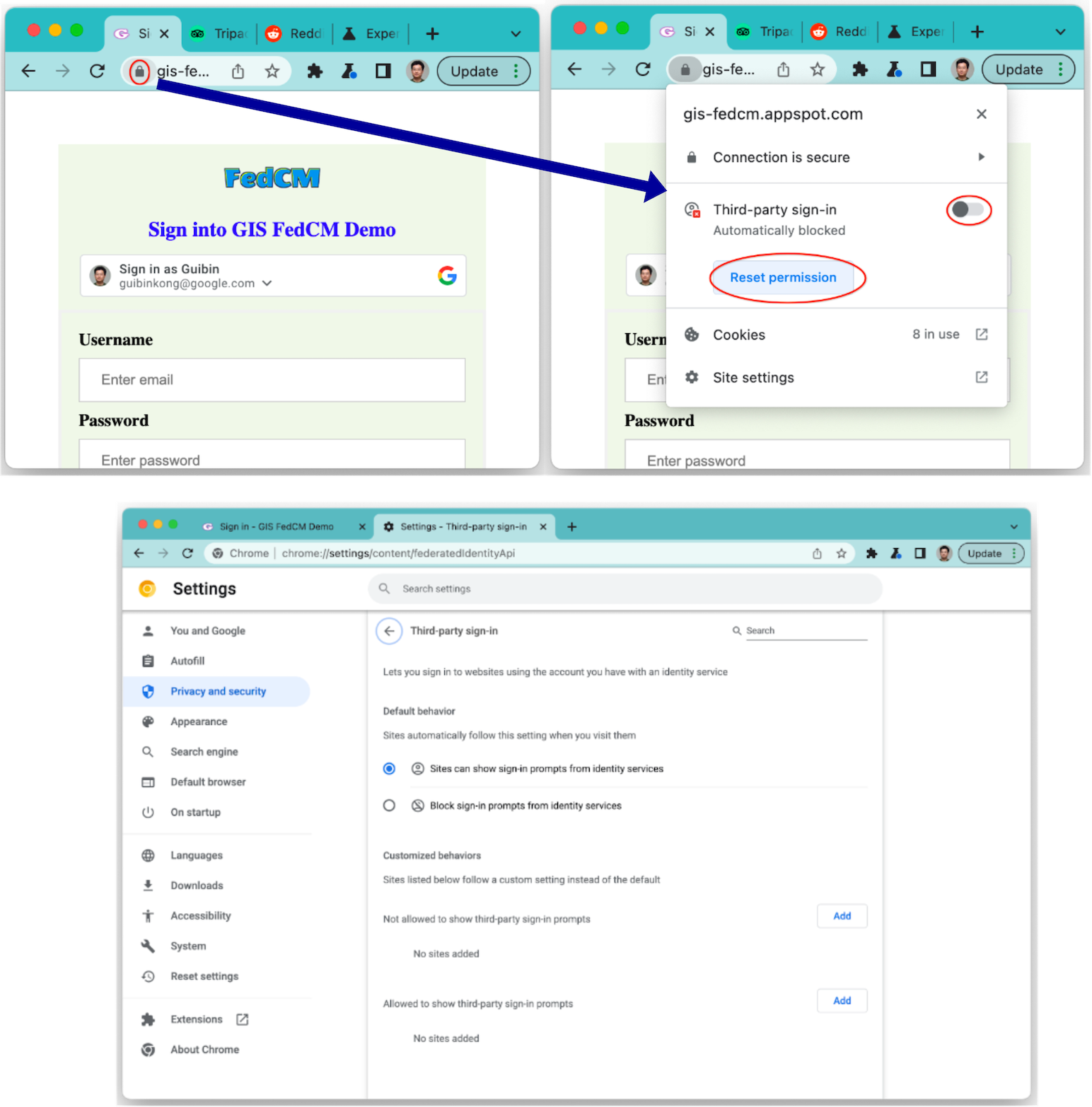 สถานะระยะเวลาพักและการตั้งค่าการลงชื่อเข้าใช้ของบุคคลที่สามใน Chrome จะไม่มีผลต่อขั้นตอนการคลิกปุ่ม FedCM