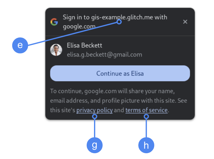 Configurações de consentimento OAuth exibidas pelo Chrome com um toque usando o FedCM