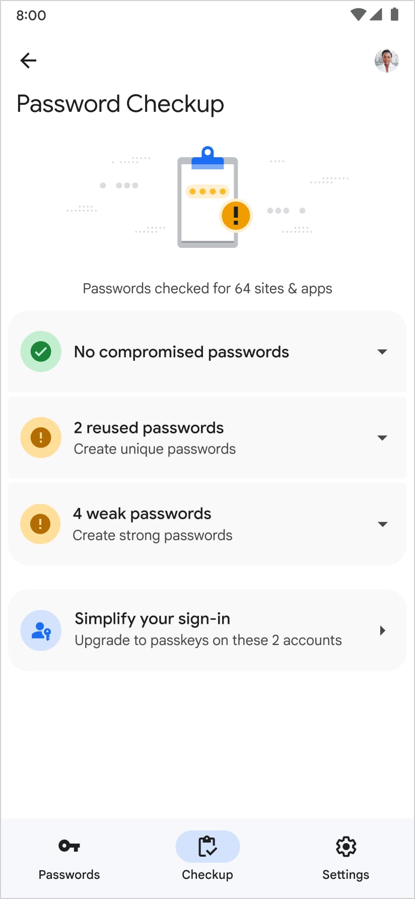 Google Password Manager, पासवर्ड चेकअप पेज पर पासकी बनाने का सुझाव भी देता है.