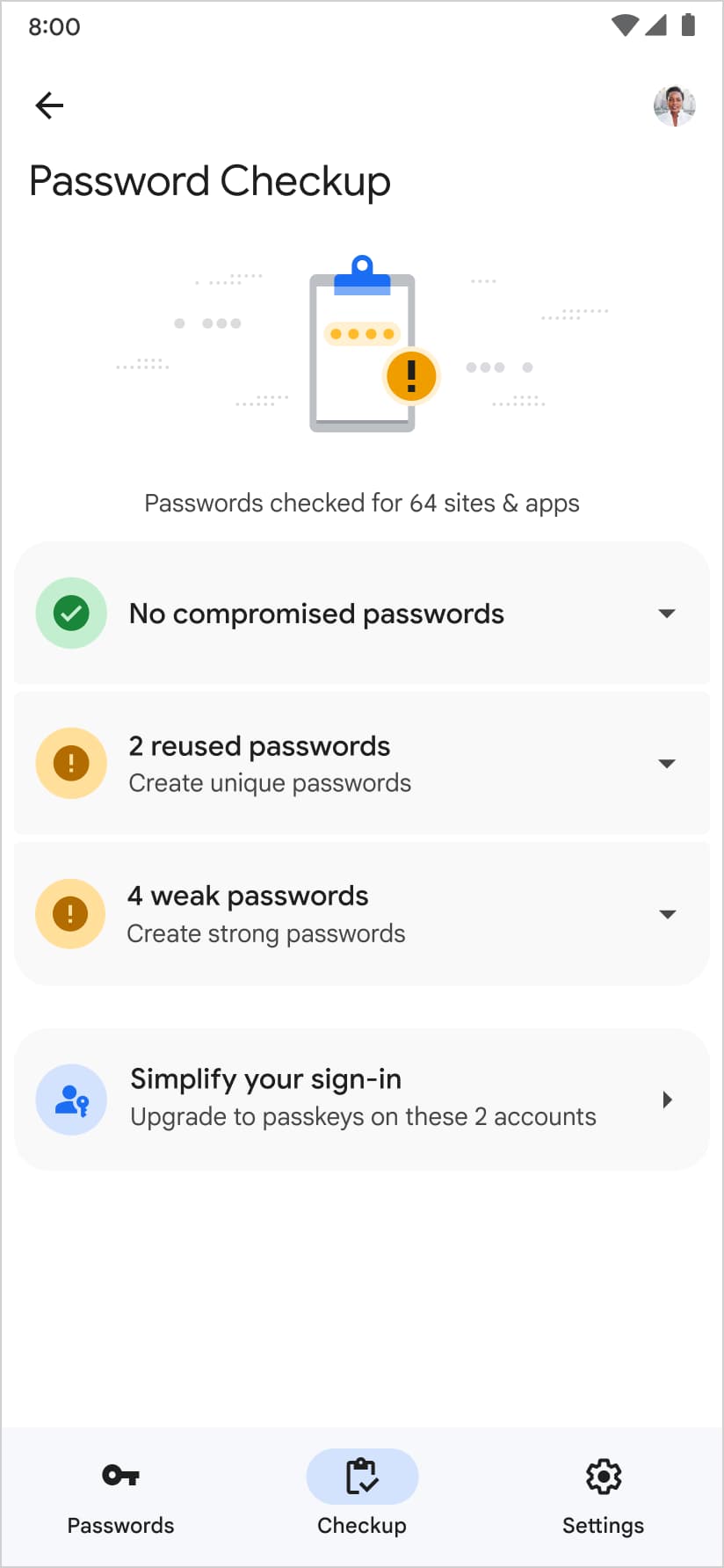 Google Password Manager, पासवर्ड चेकअप पेज पर एक पासकी बनाने का भी सुझाव देता है.