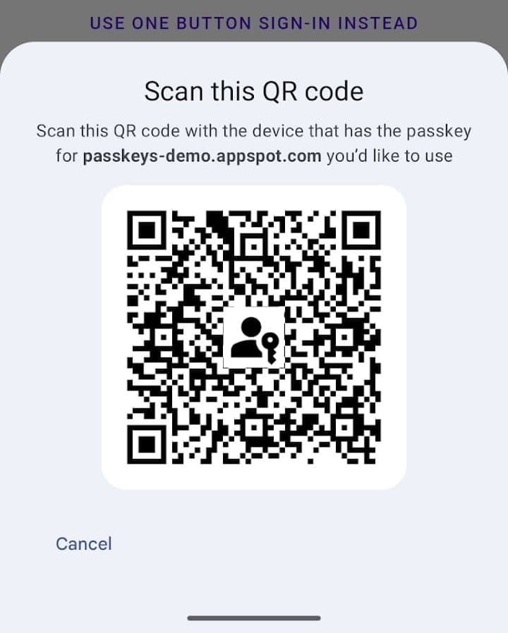 QR code dialog is displayed for a cross-device passkey sign-in