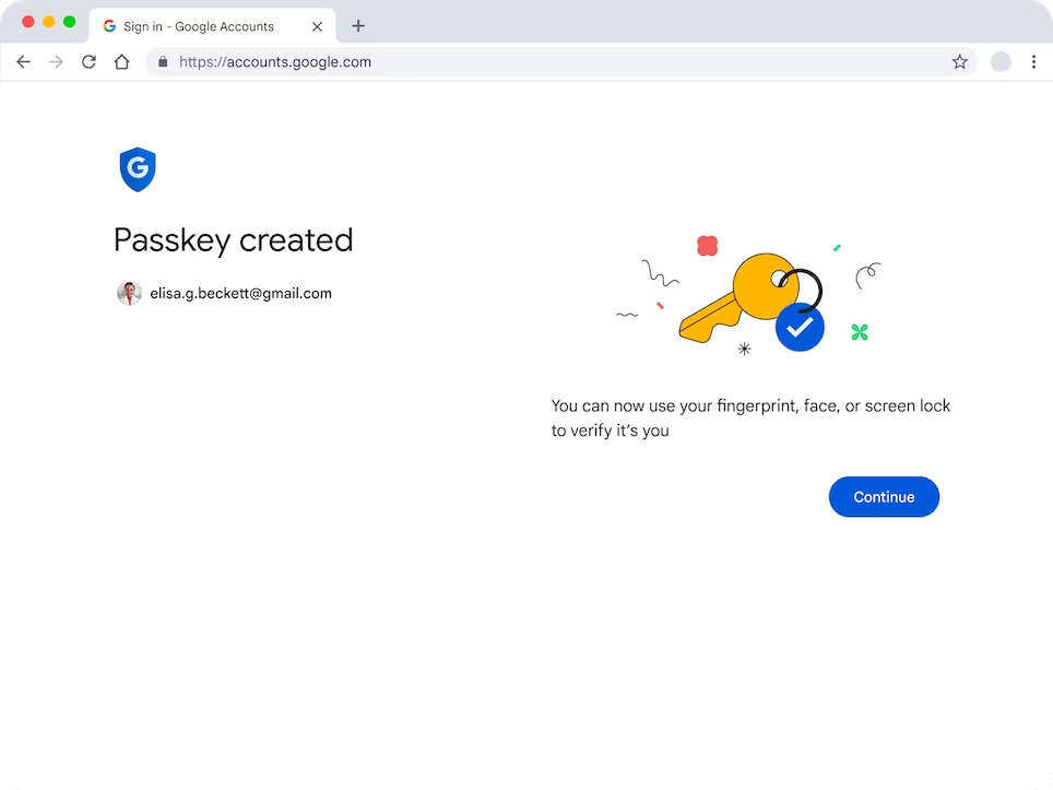 「パスキーを作成しました」という成功メッセージが表示された Google アカウント ページ。