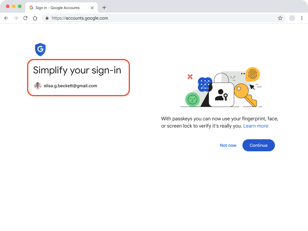 Google 帐号页面的屏幕截图，其中突出显示了“简化登录流程”。