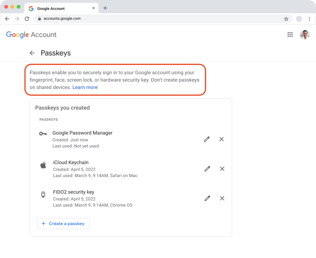 Screenshot halaman kunci sandi di Akun Google dengan deskripsi bertuliskan &#39;Kunci sandi memungkinkan Anda login dengan aman ke Akun Google Anda menggunakan sidik jari, wajah, kunci layar, atau kunci keamanan hardware Anda. Jangan membuat kunci sandi di perangkat bersama. Pelajari lebih lanjut&#39;