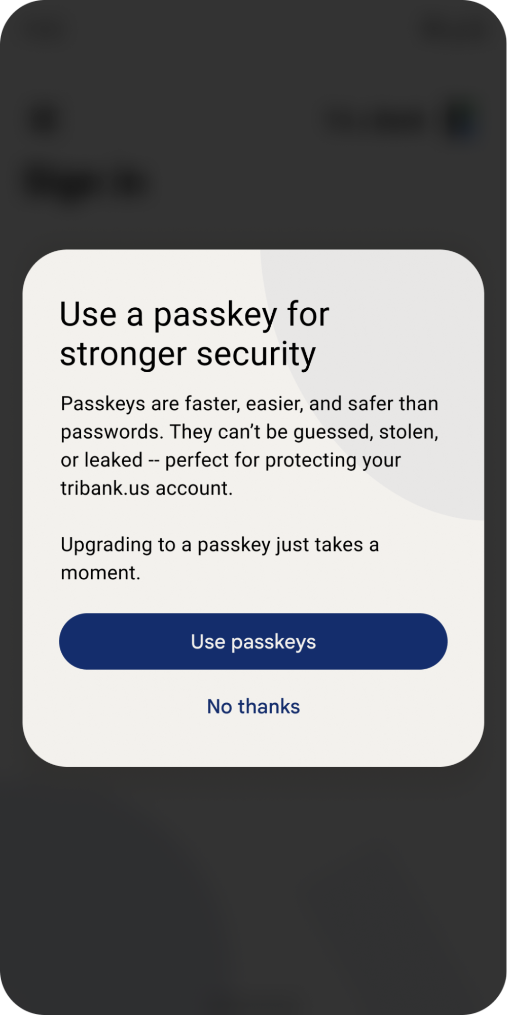 パスキーを使用してより速く安全なパスワードを設定するようユーザーに案内するポップアップ