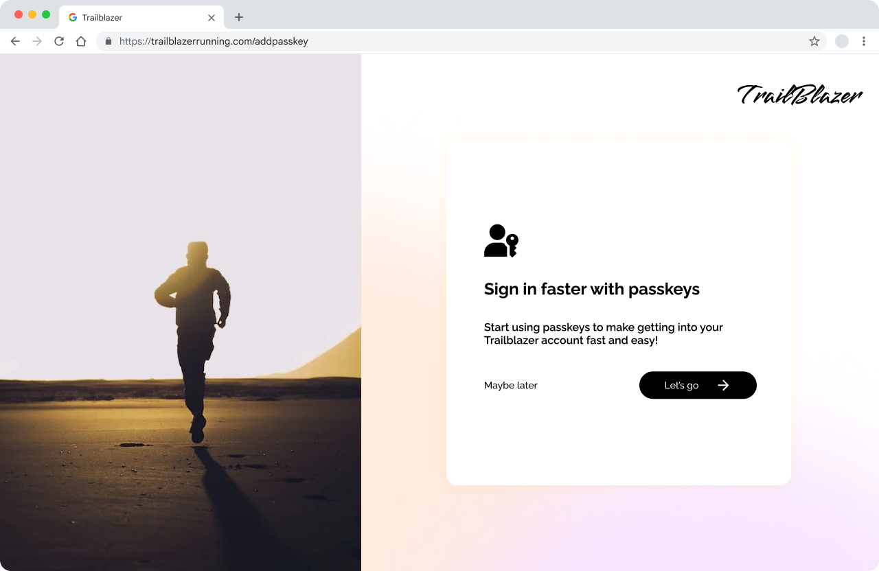 TrailBlazer landing page with a card titled 'Sign in faster with passkeys'