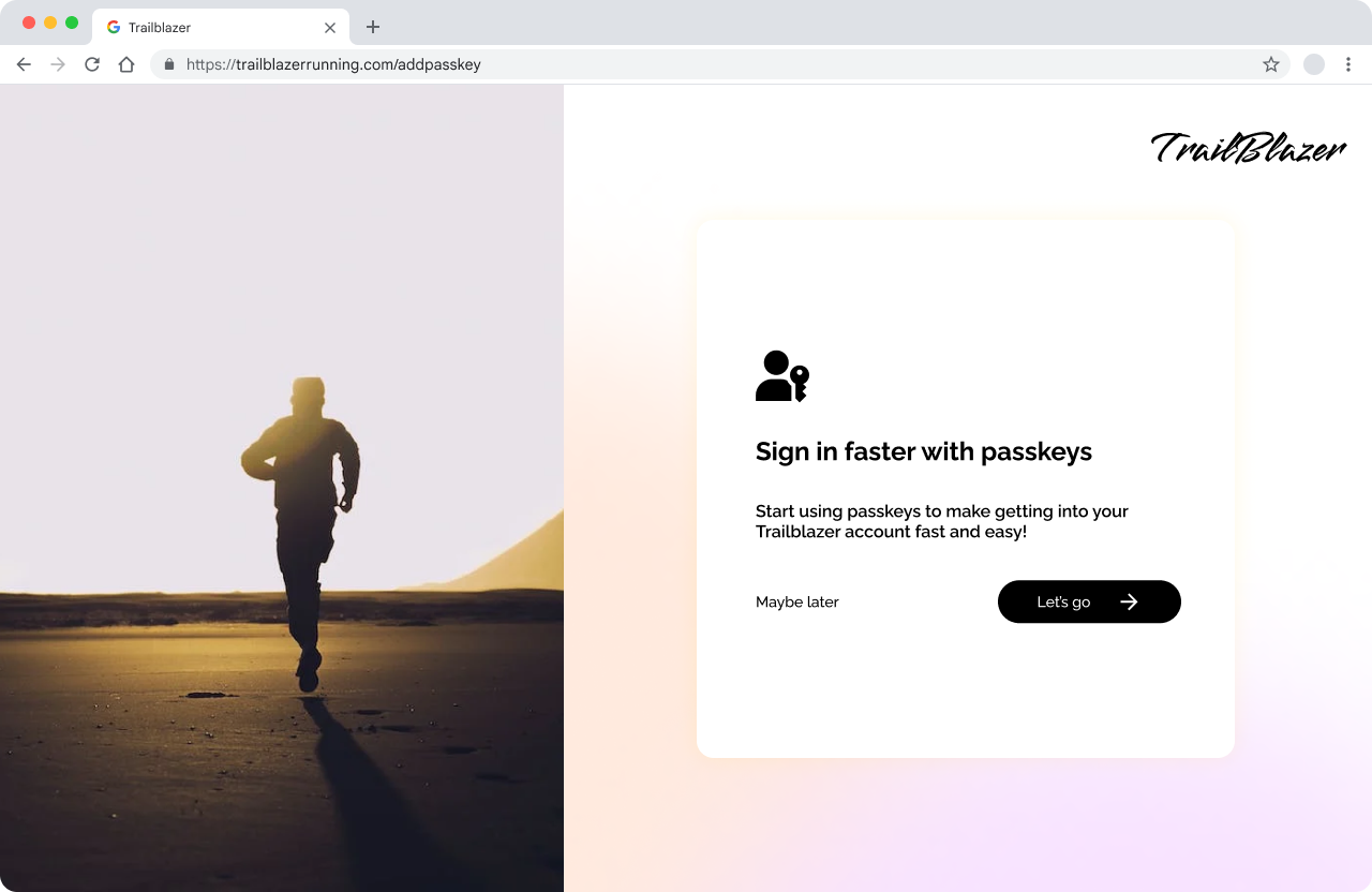 Halaman landing TrailBlazer dengan kartu berjudul &#39;Login lebih cepat dengan kunci sandi&#39;