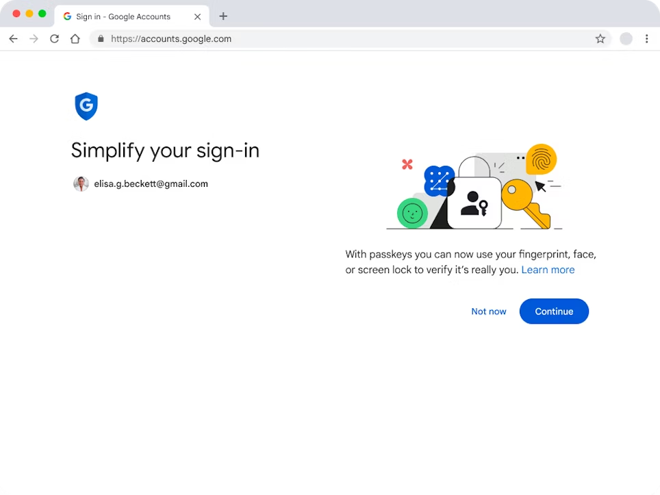 パスキーのオプトイン メッセージが表示された Google アカウント ページのスクリーンショット。
