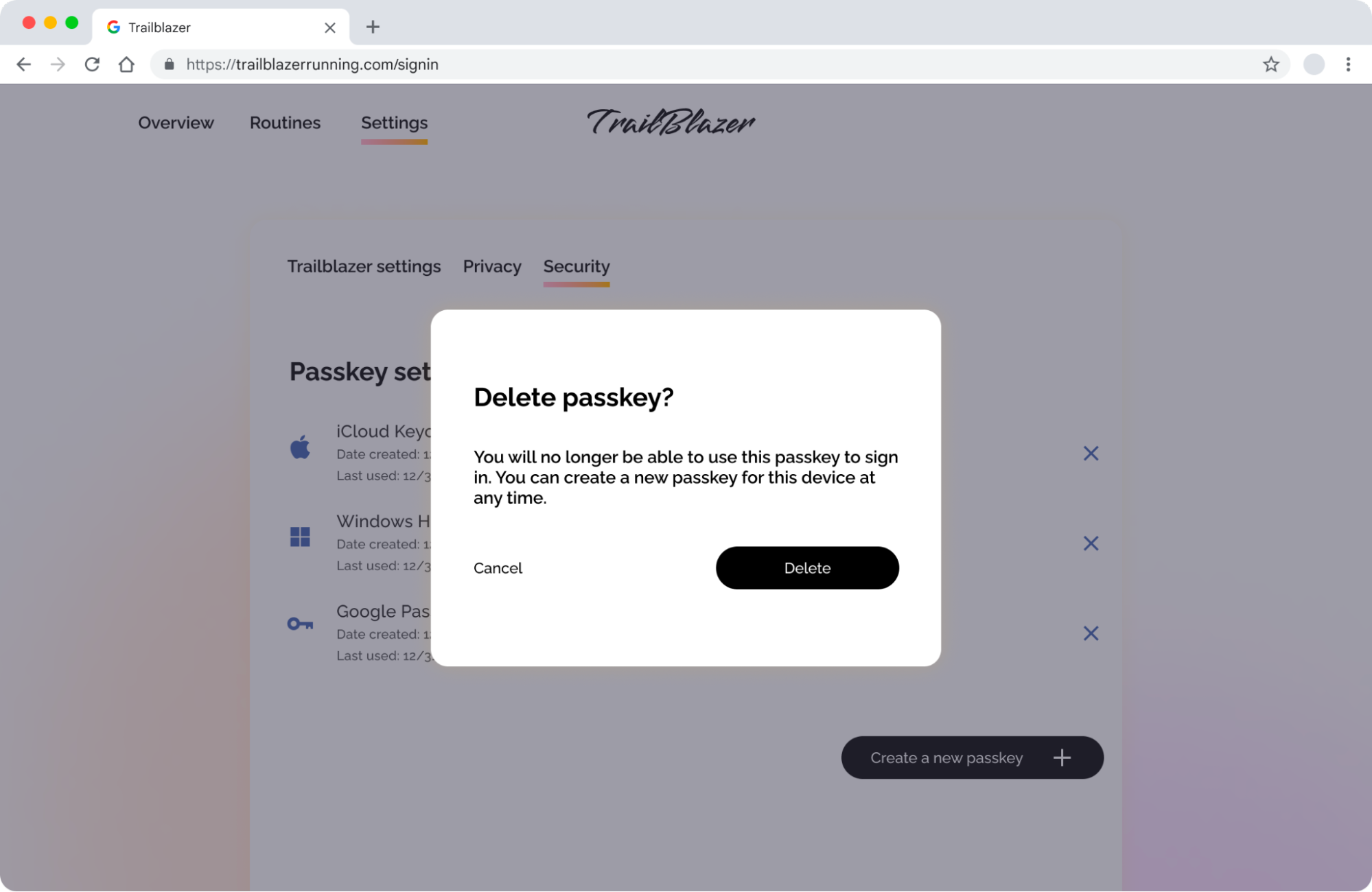 Screenshot di una richiesta popup per l&#39;eliminazione di una passkey.