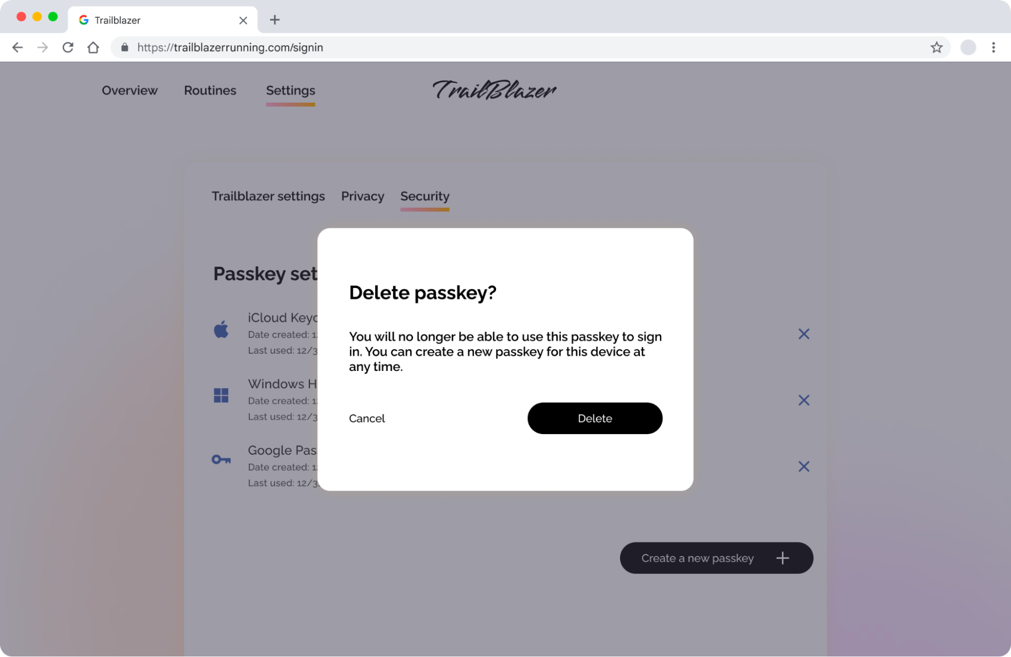 Captura de tela de um prompt pop-up para excluir uma chave de acesso.
