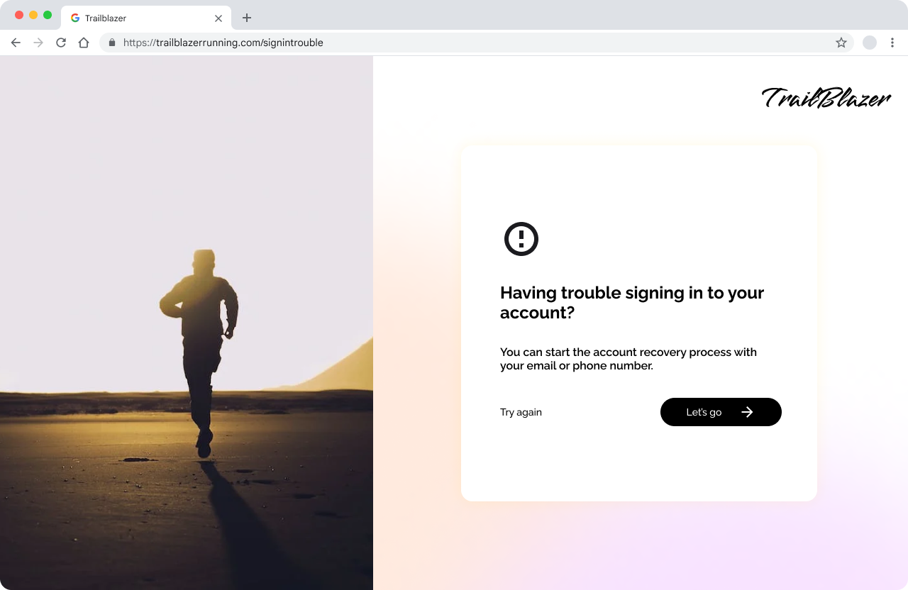 Снимок экрана страницы Trailblazer с приглашением начать процесс восстановления учетной записи.