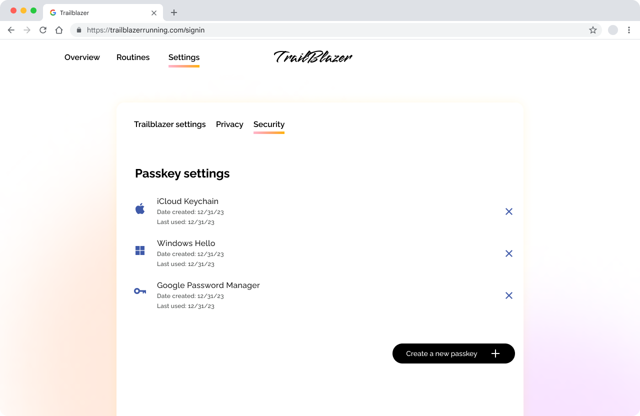 Screenshot der Einstellungsseite von Trailblazer. Der Tab „Einstellungen“ ist aktiv und die Passkey-Einstellungen werden angezeigt.