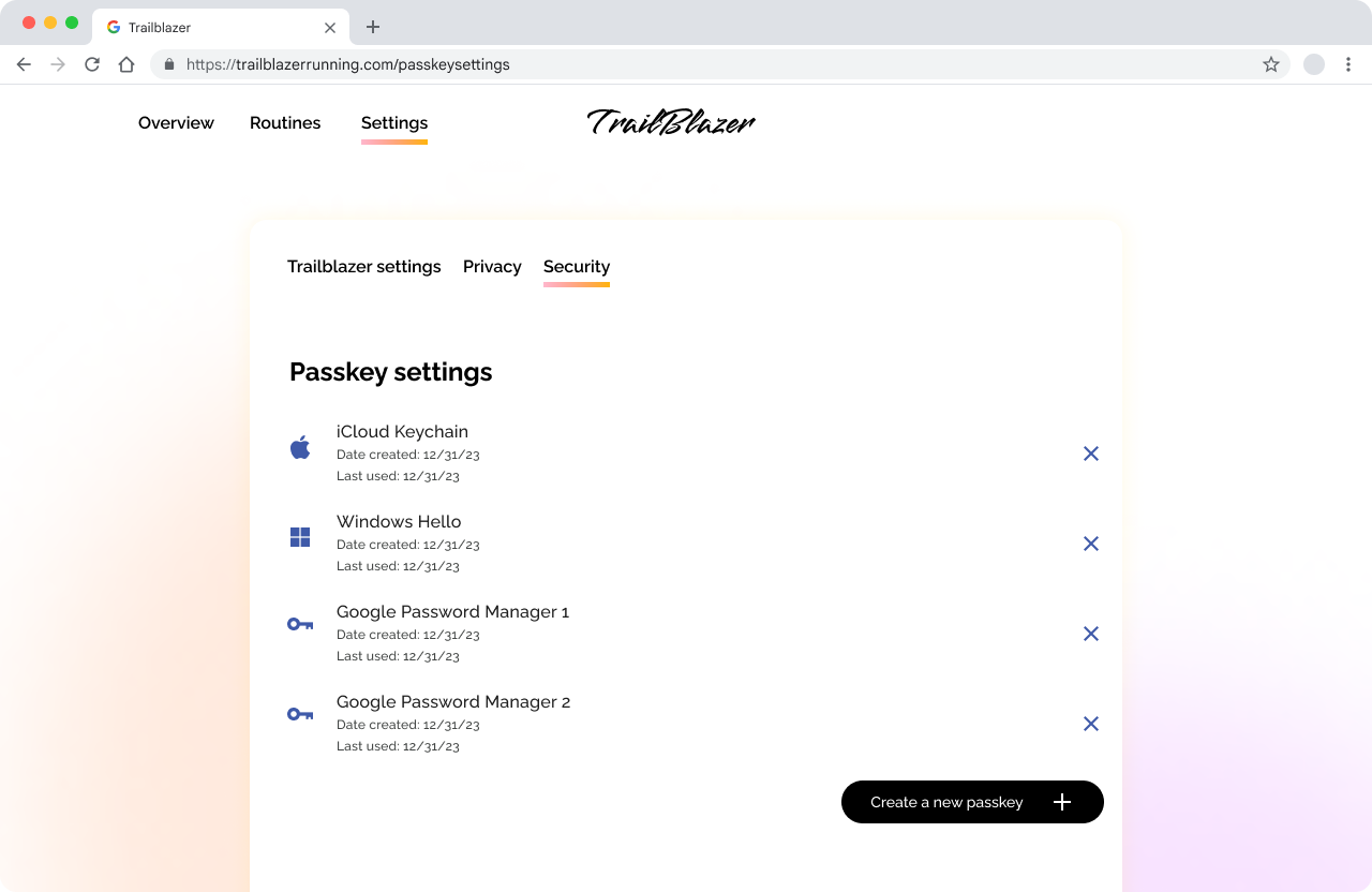 Screenshot of the Trailblazer security settings page with Passkey settings showing three passkeys and their sources. The last two are labeled 'Google Password Manager 1' and 'Google Password Manager 2'.