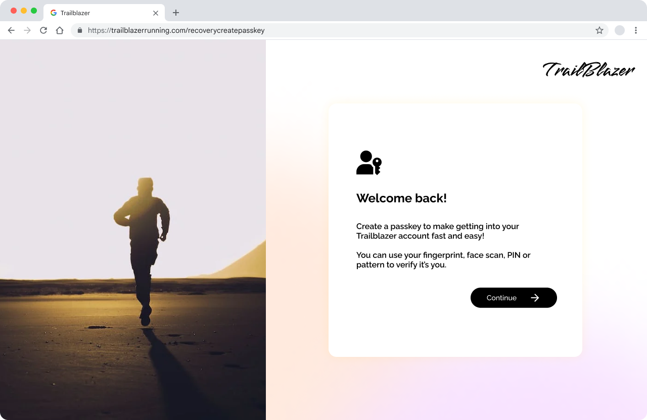 “开拓者”页面的屏幕截图，其中包含“欢迎回来”提示和有关通行密钥的信息。