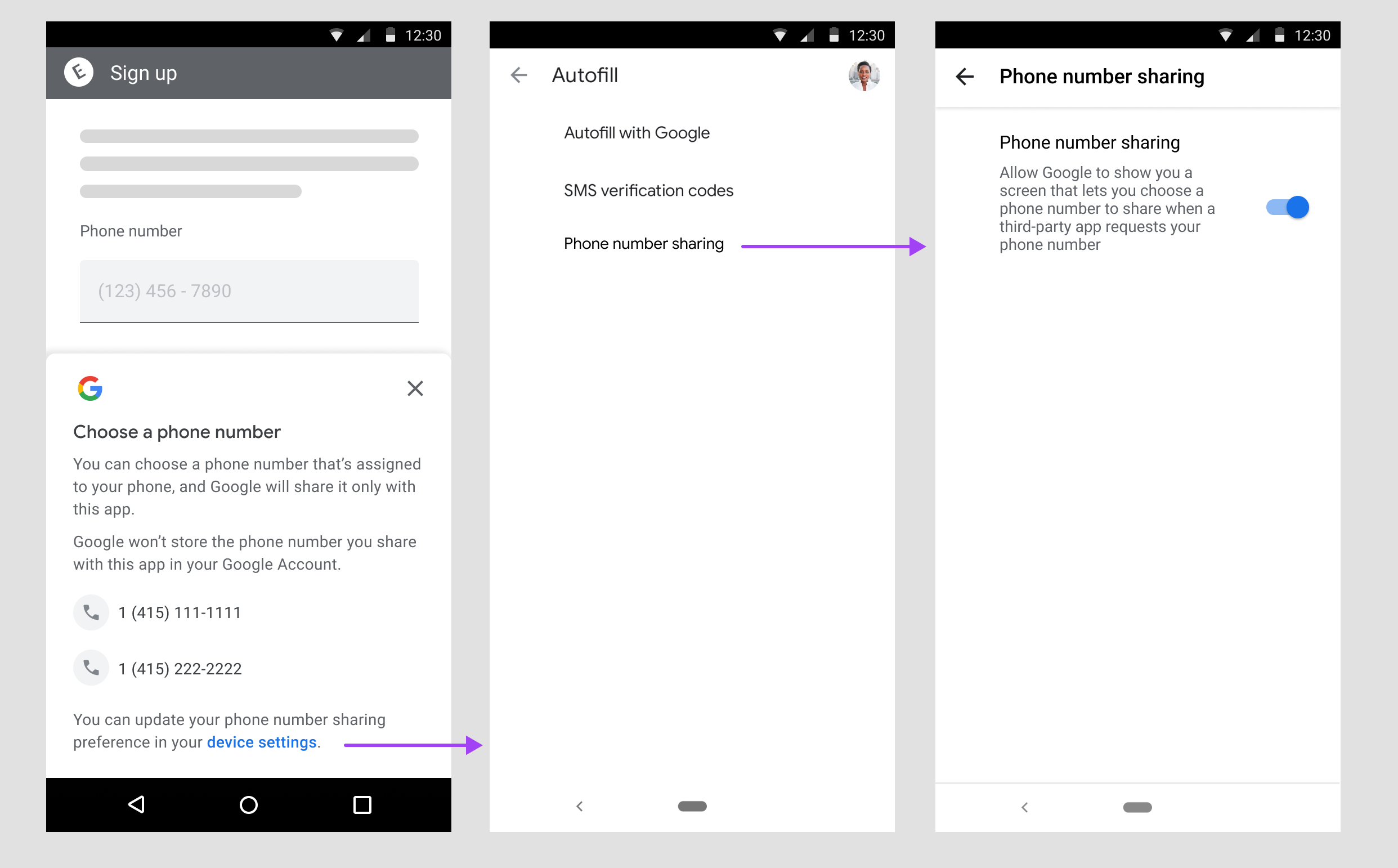 Configurações e interface de dica de número de telefone.