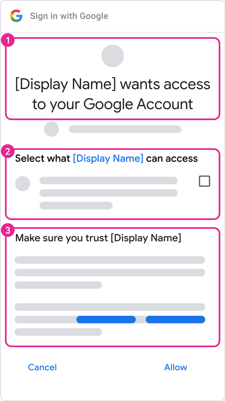 Numbered labels illustrate different features of an OAuth consent screen from a project
            with approved brand information.