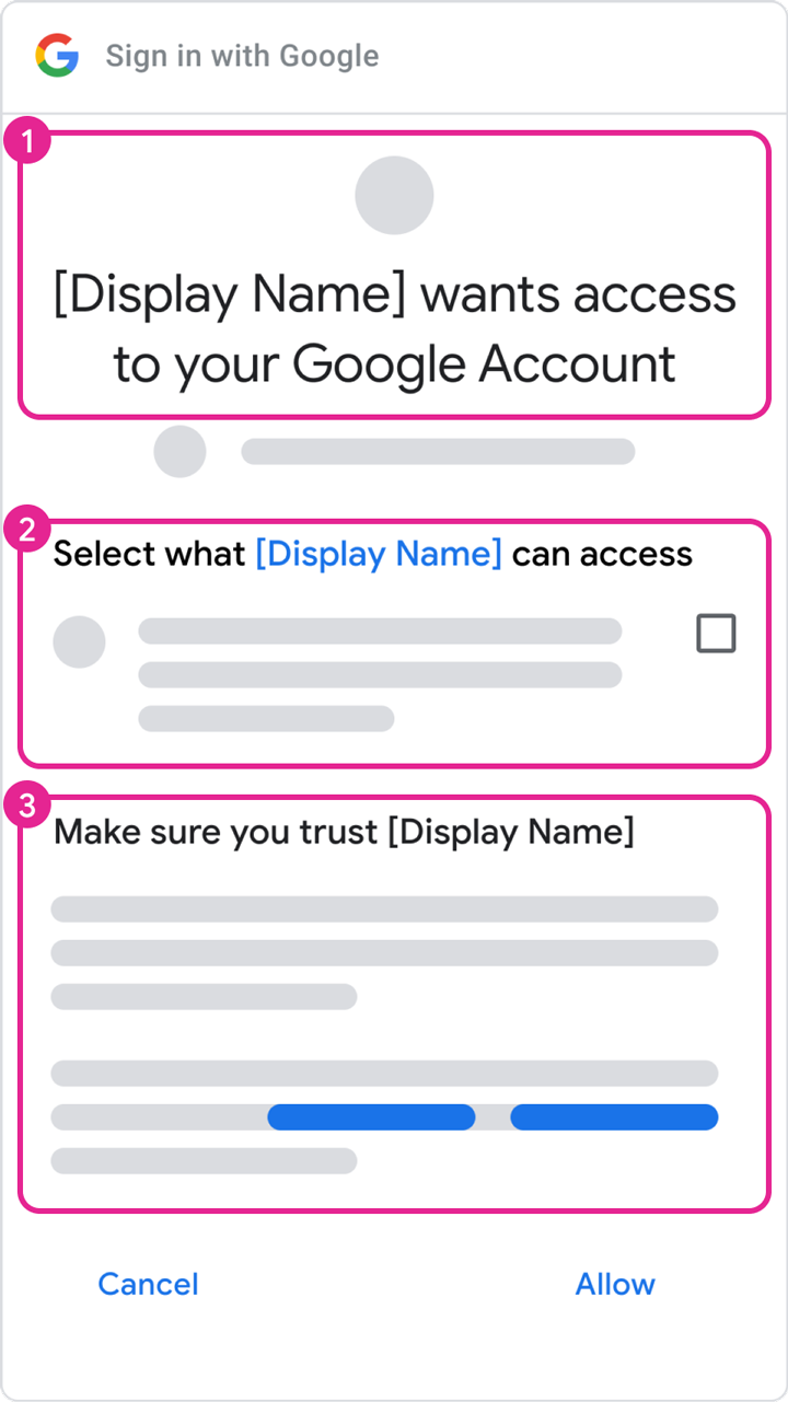 Numaralı etiketler, onaylı marka bilgileri içeren bir projedeki OAuth izin ekranının farklı özelliklerini gösterir.