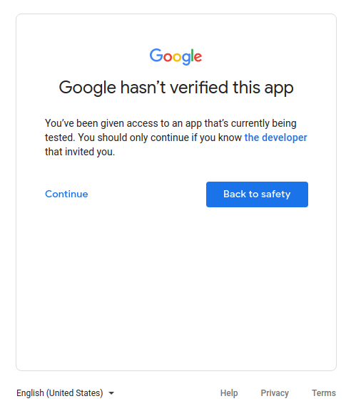 Mensaje de advertencia que indica que Google no verificó una app que está en pruebas.