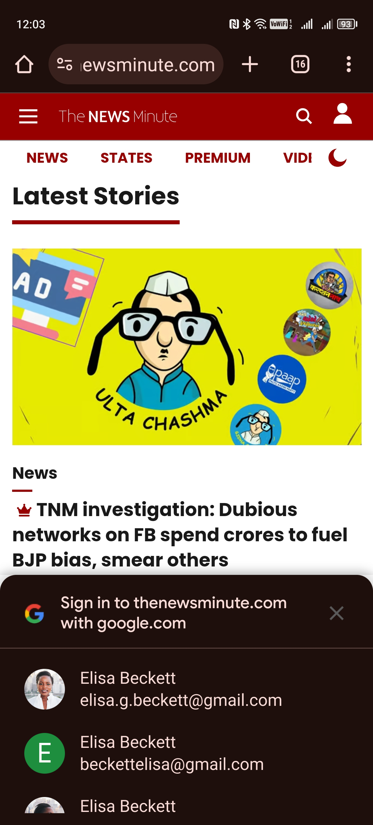 Screenshot der mobilen Webseite von The News Minute, auf der die Option „Über Google One Tap anmelden“ verwendet wird