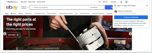 Uma captura de tela da página da Web do eBay usando o serviço de um toque do serviço de identidade do Google.