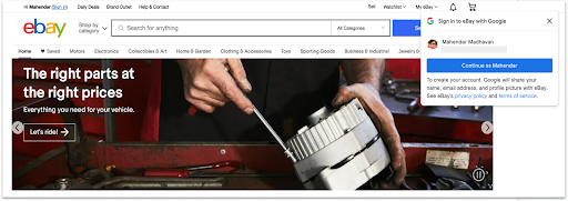 Скриншот веб-страницы eBay с использованием службы Google Identity One Tap.