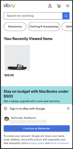 모바일에서 Google Identity Service 원탭을 사용하는 eBay 웹페이지 스크린샷