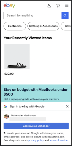 Screenshot der eBay-Webseite mit dem Google Identity Service One Tap auf einem Mobilgerät