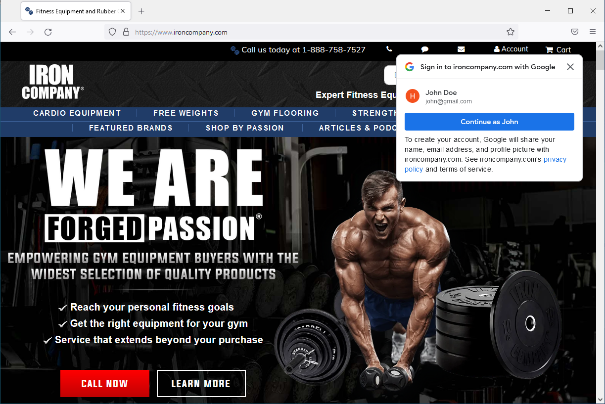 ภาพหน้าจอของหน้าเว็บ Iron Company ที่ใช้ Google Identity Service One Tap