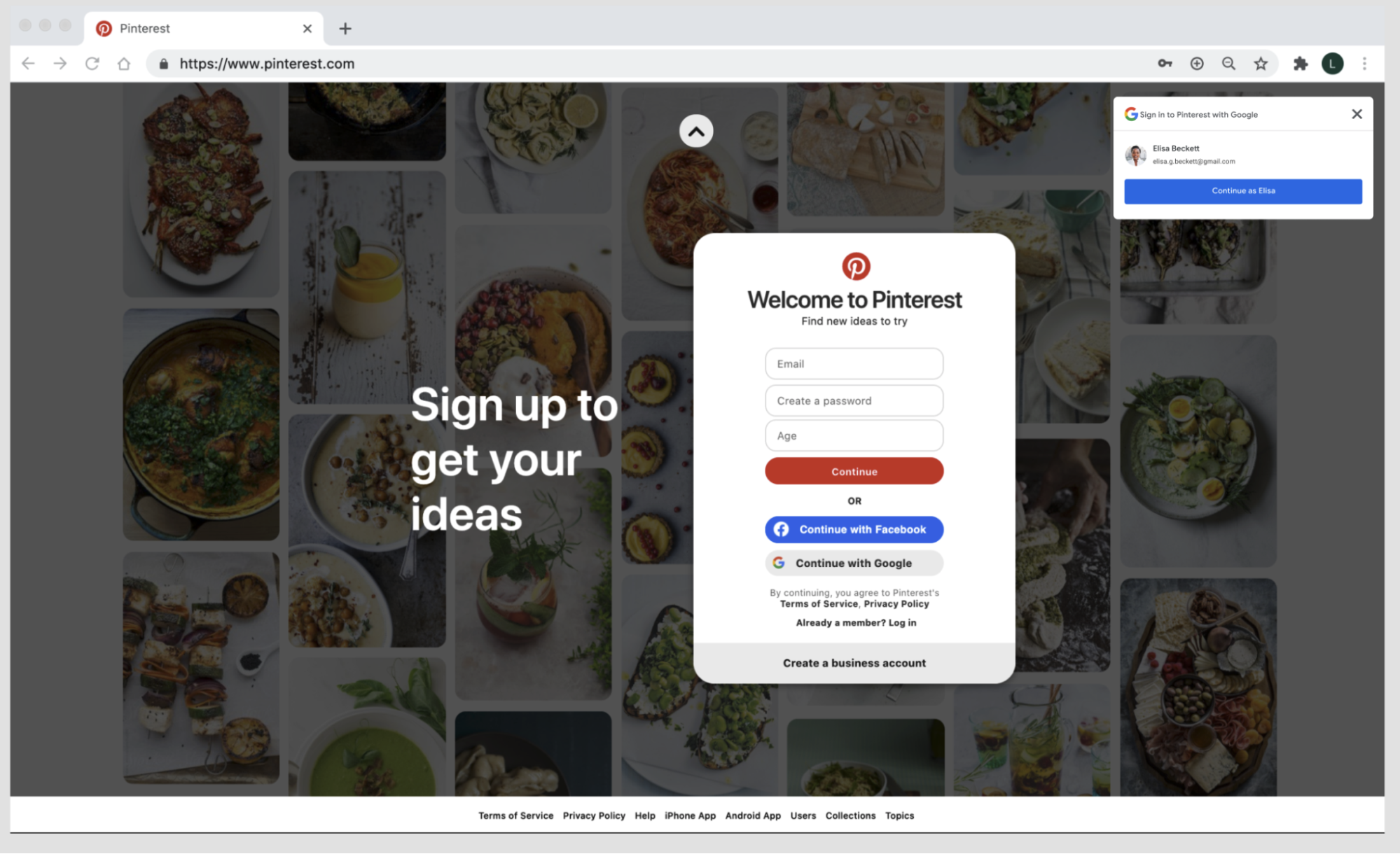 Google Identity Service 원탭을 사용하는 Pinterest 웹페이지 스크린샷입니다.