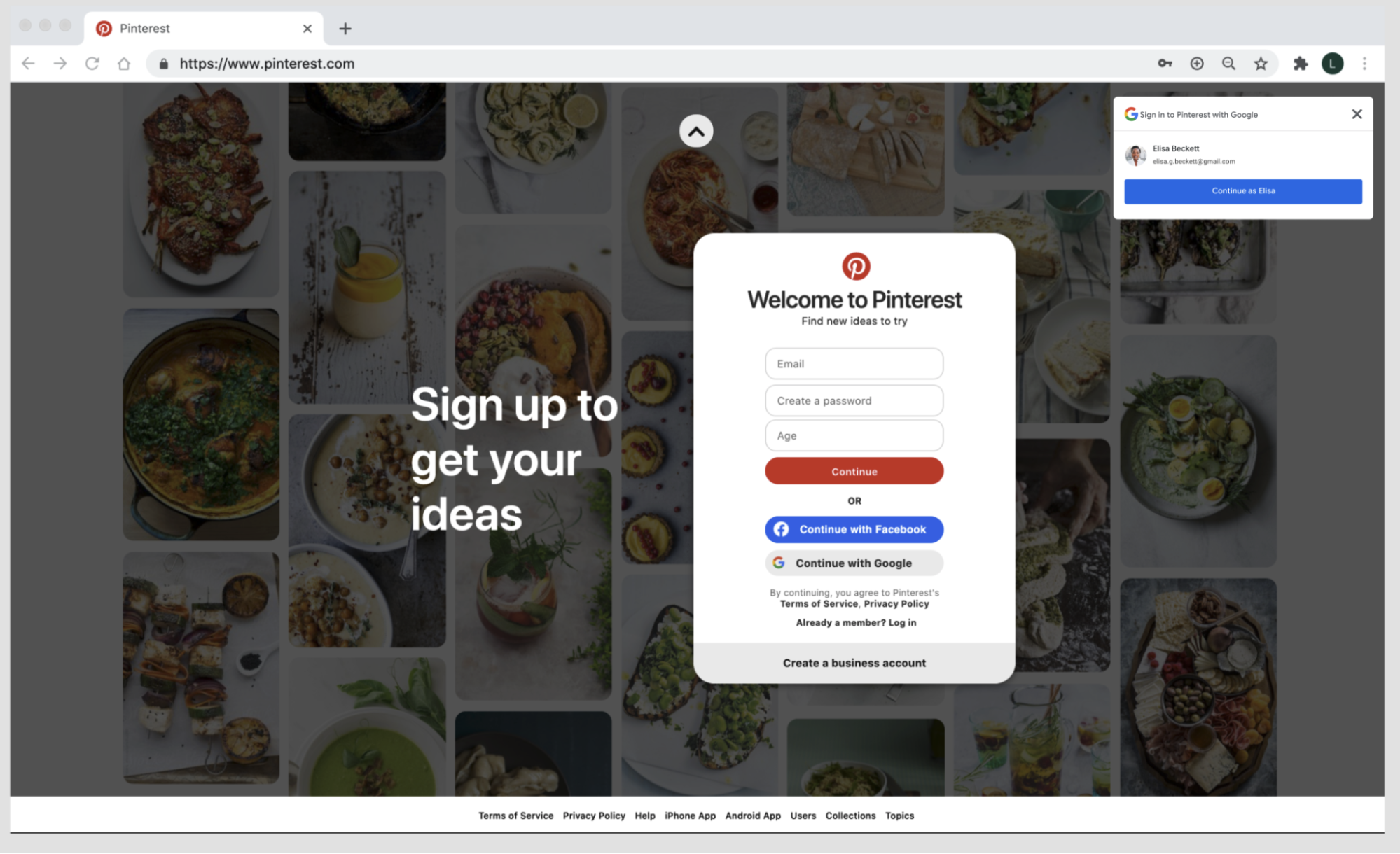 Pinterest 網頁使用 Google Identity Service One Tap 的螢幕截圖。
