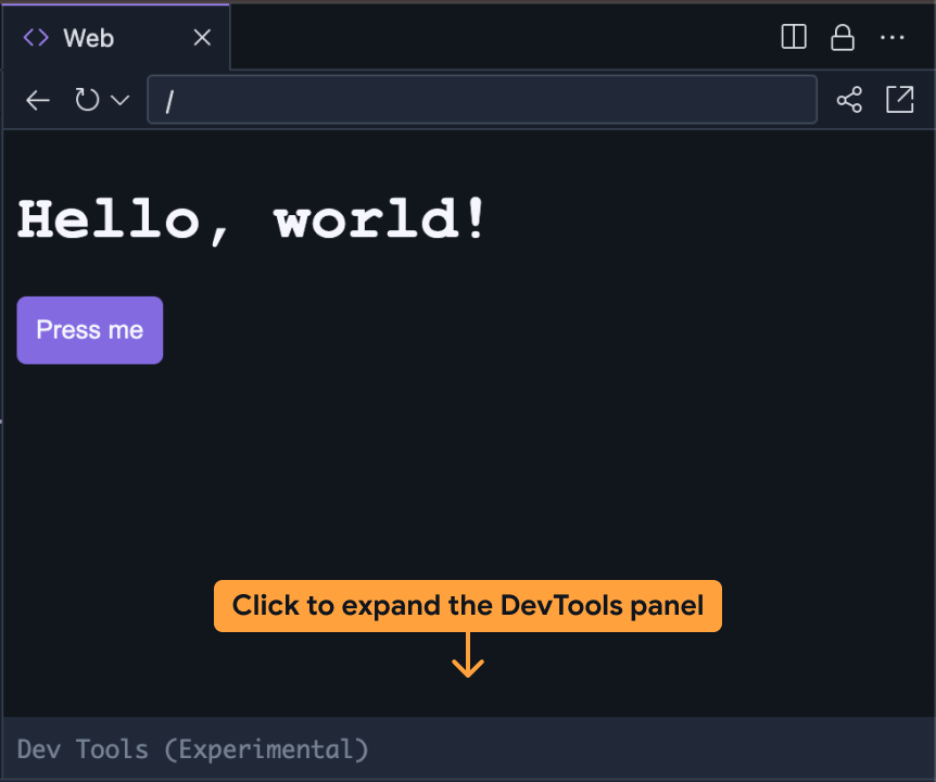 Painel do DevTools minimizado na visualização da Web do IDX