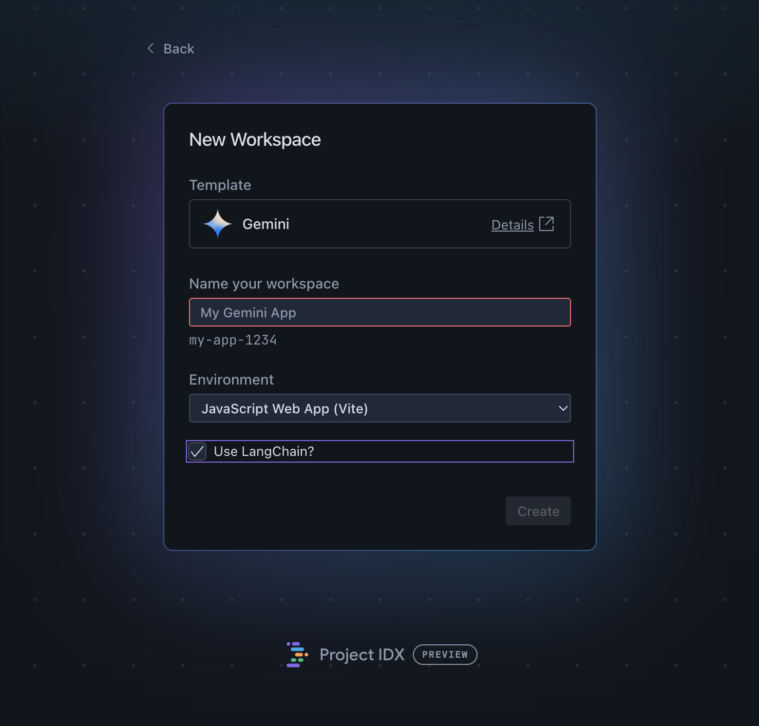 Image of the Gemini API template options in IDX