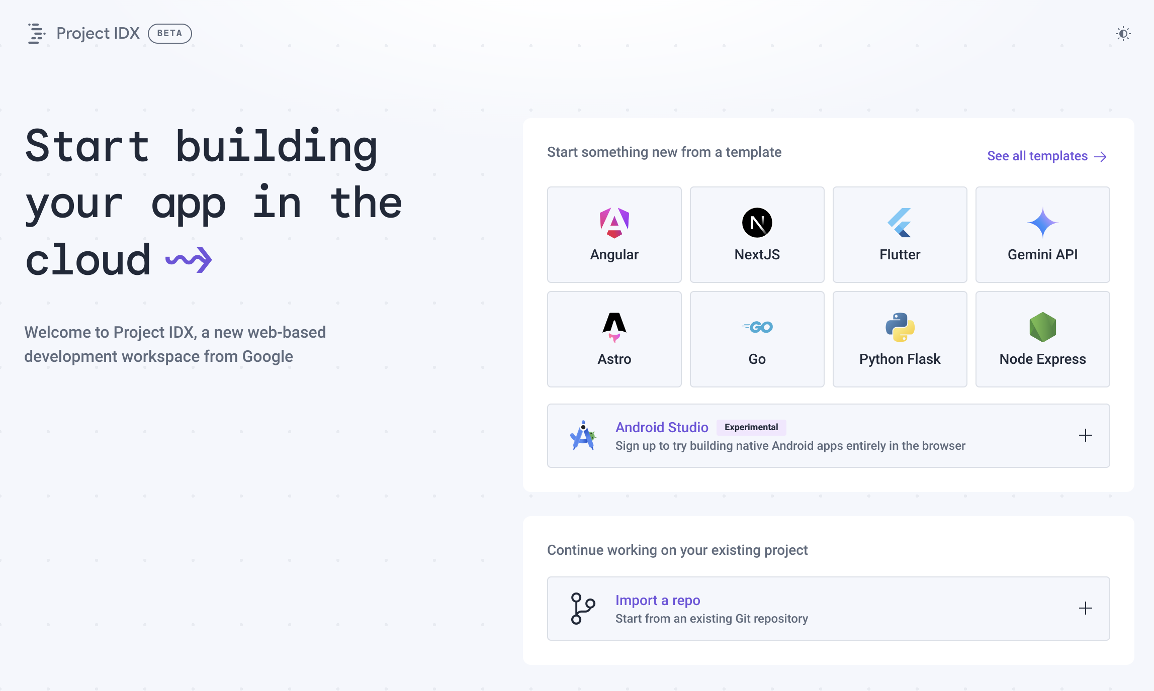 Uma captura de tela do painel do IDX mostrando modelos em destaque e importação do GitHub