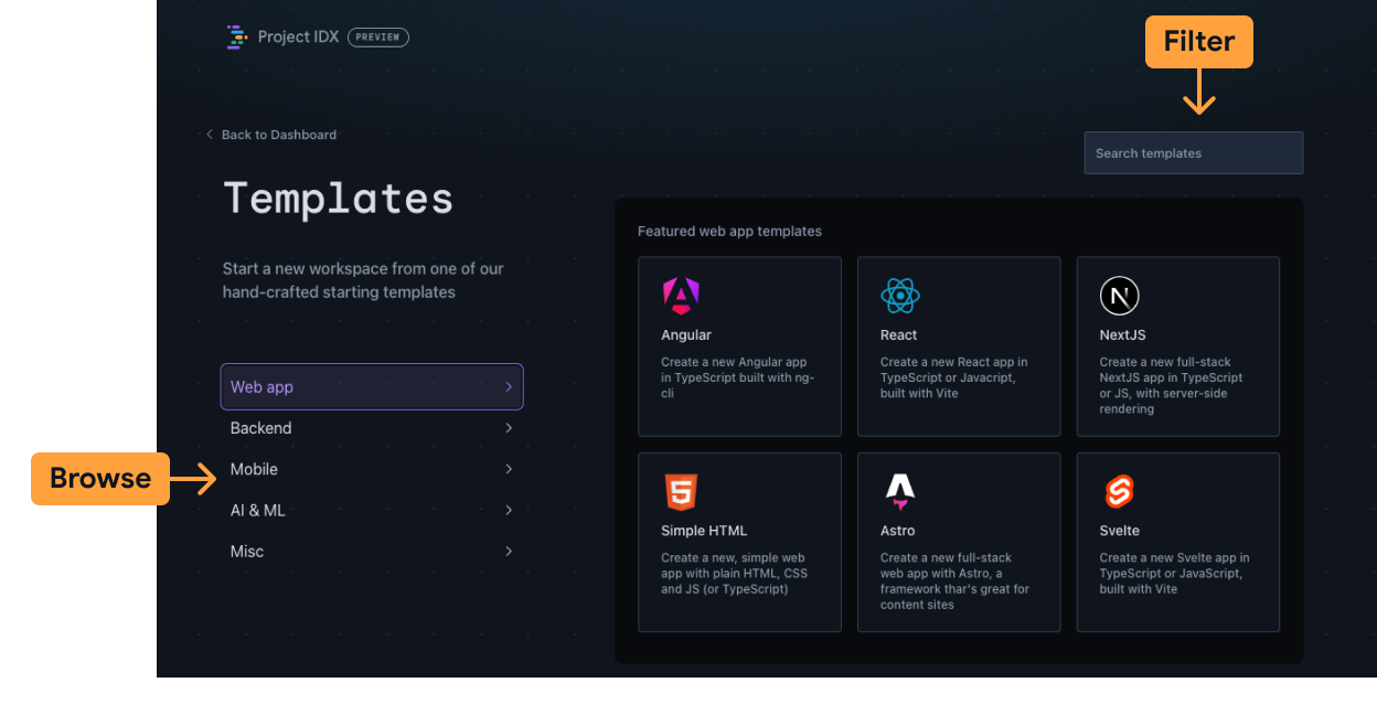 The IDX templates library page showing web templates available