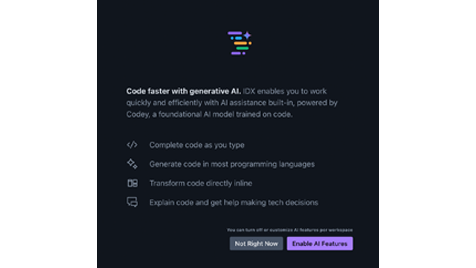 Captura de pantalla del flujo de integración de IDX que habilita las funciones basadas en IA