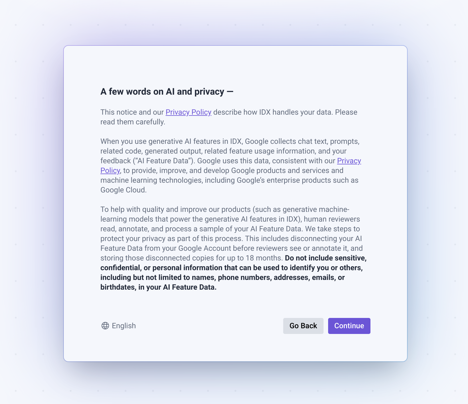 Captura de pantalla del flujo de integración de IDX en la que se muestra una nota sobre la IA y la privacidad
