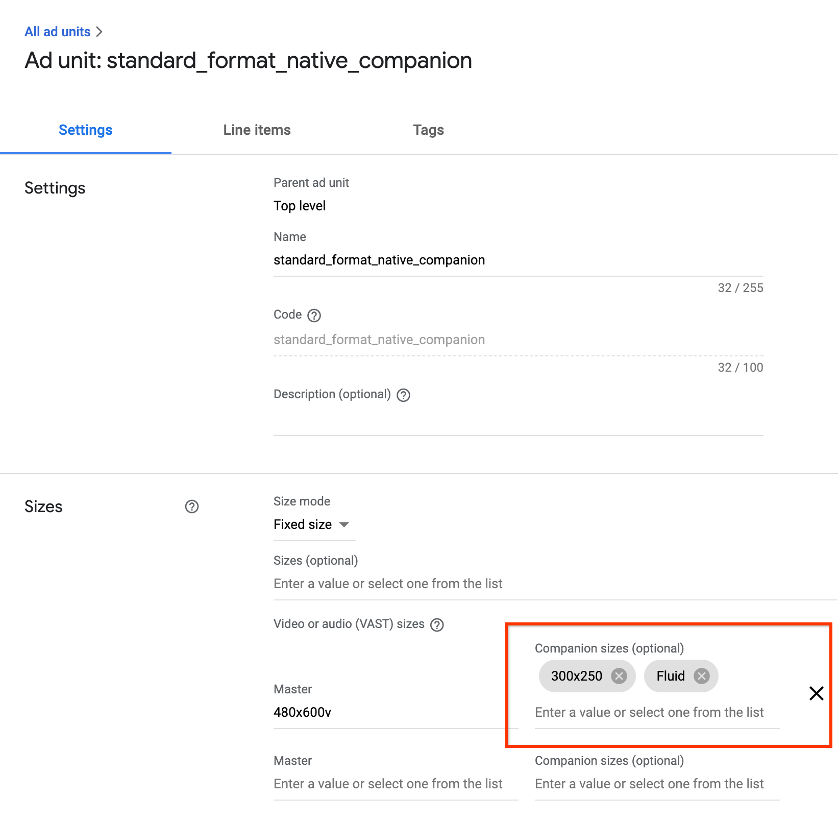 Imagen que muestra la configuración de anuncios complementarios de Ad Manager. Destaca la opción de tamaños complementarios.