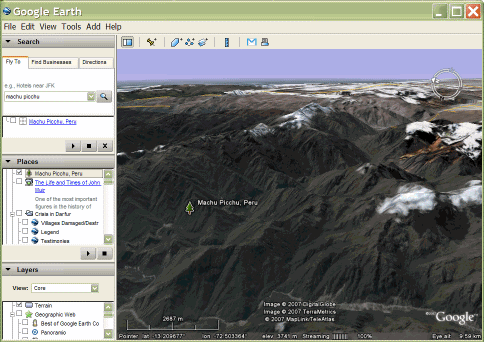 Capture d&#39;écran du repère Machu Picchu dans Google Earth
