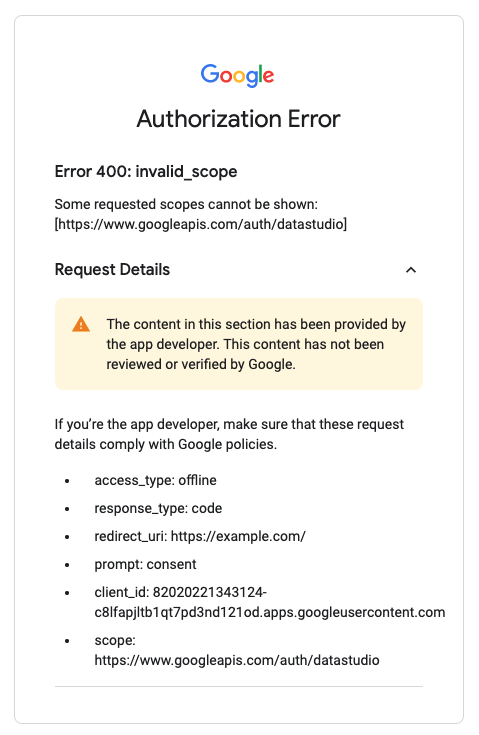 خطای 400: invalid_scope A OAuth 400 error message indicating an invalid scope was requested