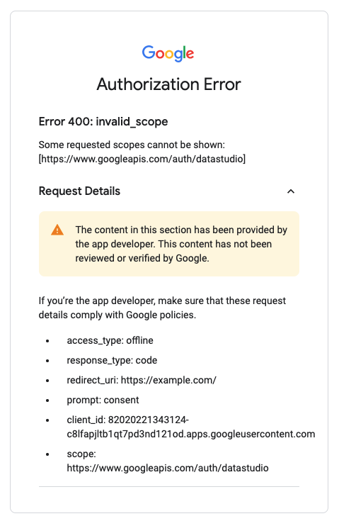 Pesan error OAuth 400 yang menunjukkan cakupan yang tidak valid diminta