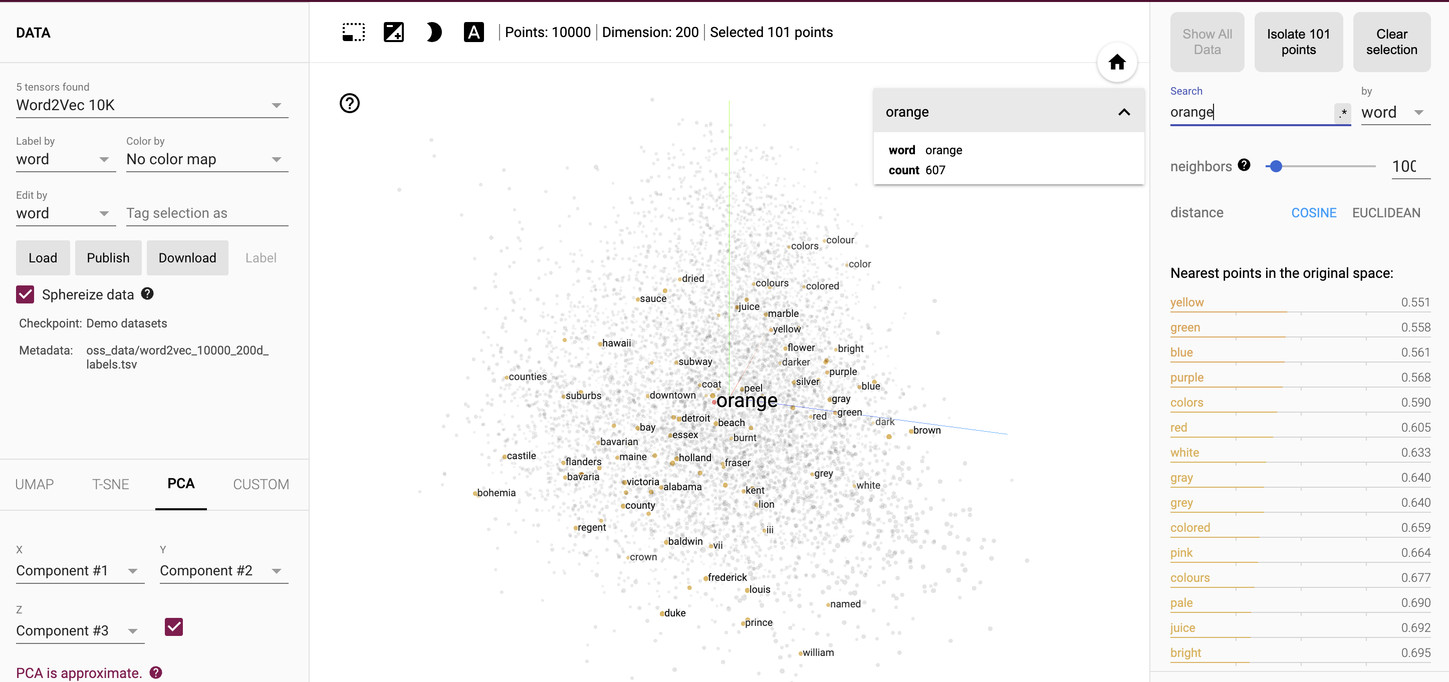 Figure 11. Screenshot of Embedding Projector tool, with 'orange'
    entered in the search field. The visualization in the center of the tool
    annotates one of the points with the word 'orange', and also adds word
    annotations for nearby points. In the 'Nearest points' list,
    the words 'yellow', 'green', 'blue', 'purple', and 'colors' are listed
    as the nearest words in vector space to 'orange'.